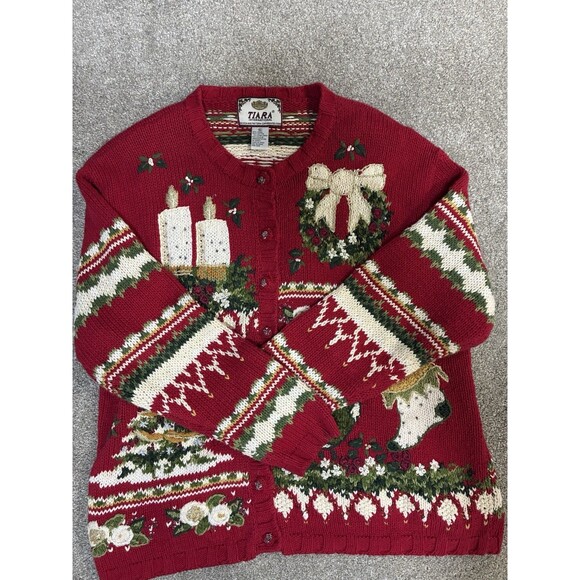 Tiara Int’l XL Red Christmas Cardigan Sweater Beaded Embroidered Holiday Ramie - Picture 6 of 7